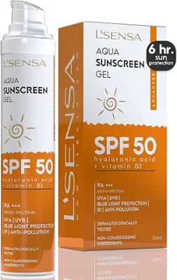 10. L'SENSA Sunscreen SPF 50 for Oily Skin, Waterproof Sun cream, 1% Hyaluronic Aqua Gel, Free from Oxybenzone, For Oily, Combination & Ace Prone Skin, Make-Up Friendly For Women & Men, 50Gram