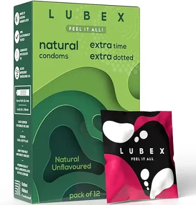 1. Lubex 6 in 1 Extra Time Condoms - Long Lasting with Disposable Bags - Ultra Thin & Extra Dotted - Natural Unflavoured - 12 Condom (Pack of 1)