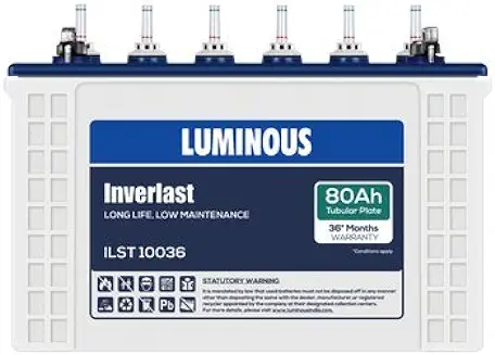 14. Luminous Inverlast ILST 10036 80 Ah Short Tabular Inverter Battery for Home, Office & Shops