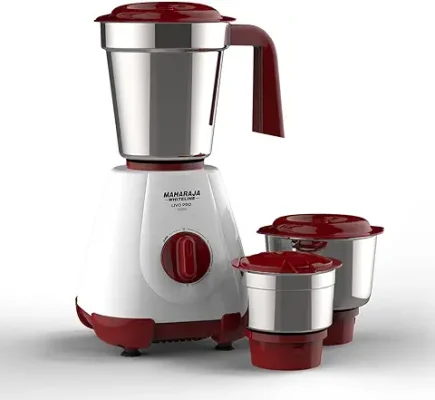 10. Maharaja Whiteline 500W Livo Pro Mixer Grinder with 3 Stainless Steel Jars with lid and 20,000 RPM Motor Speed (White & Cherry Red)