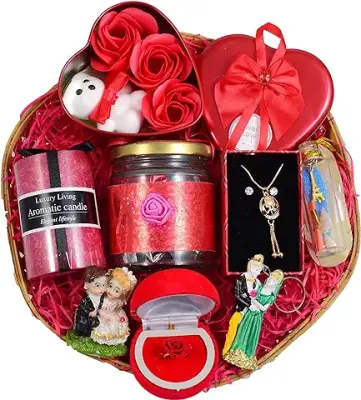 9. MANTOUSS Valentines Day gift for girlfriend/boyfriend/Jar of 8pcs chocolate+Jwellery set+aromatic candle+card+Message bottle+3pc rose and Teddy bear in heart shaped box,800 g