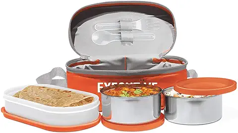 15. MILTON Executive Lunch Insulated Tiffin, 2 Round Containers, 280 ml Each, 1 Oval Container, 450 ml, Orange| Microwave Safe | Easy to Carry | Leak Proof | Insulated Tiffin | Hot Food