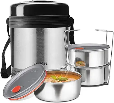 8. MILTON Legend Deluxe 3 Insulated Tiffin Box, 3 Stainless Steel Containers, 200 ml Each, Silver | Leak Proof | Food Grade | Easy to Carry | PU Insulated