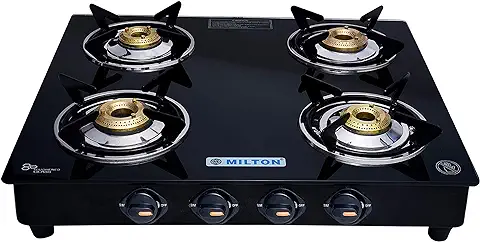 2. MILTON Premium 4 Burner Black Manual Ignition LPG Glass Top Gas Stove, (ISI Certified)