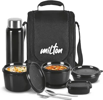 9. MILTON Pro Lunch Tiffin (3 Microwave Safe Inner Steel Containers, 180/320/450 ml; 1 Plastic Chutney Dabba,100 ml; 1 Aqua Steel Bottle, 750 ml, Steel Spoon and Fork) With Insulated Fabric Jacket, Black