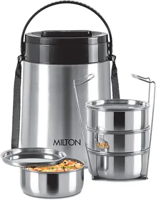 10. MILTON Steel Classic 4 Tiffin with Lifter, 4 Container, 300 ml Each, Silver | PU Insulated | Food Grade | Easy to Carry | Hot & Cold | Office | Outdoors | Food Grade