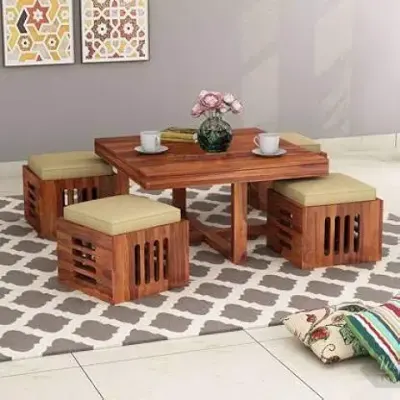 11. MURALICRAFT Solid Sheesham Wood Coffee Table With 4 Stool