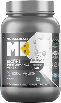 1. MuscleBlaze Biozyme Performance Whey Protein | Clinically Tested 50% Higher Protein Absorption | Informed Choice UK, Labdoor USA Certified & US Patent Filed EAF® (Chocolate Hazelnut, 1 kg / 2.2 lb)