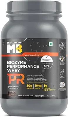 11. MuscleBlaze Biozyme Performance Whey Protein PR (Chocolate Fudge, 1 kg/2.2 lb) with 30 g Protein, 3 g Creatine Monohydrate & 50 mg AstraGin