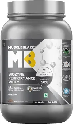 3. MuscleBlaze Biozyme Performance Whey Protein (Rich Chocolate, 1 kg / 2.2 lb) | Clinically Tested 50% Higher Protein Absorption | Informed Choice UK, Labdoor USA Certified & US Patent Filed EAF®