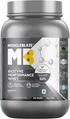 2. MuscleBlaze Biozyme Performance Whey Protein (Rich Chocolate, 1 kg / 2.2 lb) | Clinically Tested 50% Higher Protein Absorption | Informed Choice UK, Labdoor USA Certified & US Patent Filed EAF®