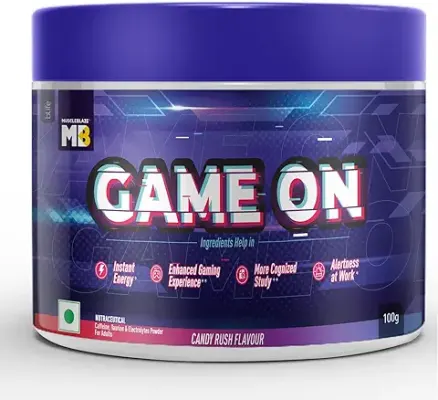 12. MuscleBlaze Game On,Pre Workout Supplements For Instant Energy,Focus&Gaming|With Caffeine,Theanine&Shankhpushpi (Candy Rush,100 G,20 Servings),Powder