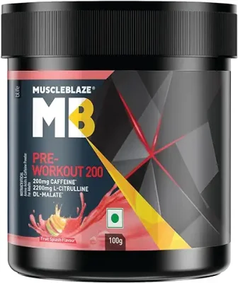 3. MuscleBlaze Pre Workout 200, 200mg Caffeine, 2200mg Citrulline (Fruit Splash, Pack of 100g Powder, 20 servings)