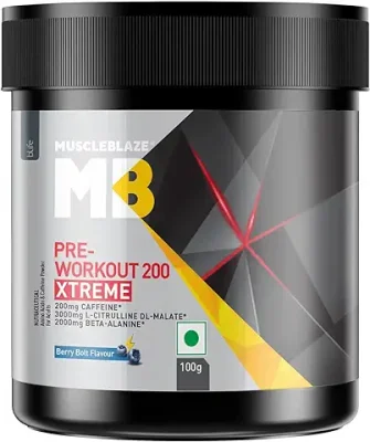 1. MuscleBlaze Pre Workout 200 Xtreme, 200Mg Caffeine, 200Mg Theanine, 2000Mg Beta Alanine, 3000Mg Citrulline (Berry Bolt, 100 G, 15 Servings), Powder,Pack of 1