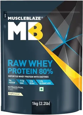 8. MuscleBlaze Raw Whey Protein Concentrate 80% with Added Digestive Enzymes, Labdoor USA Certified (Unflavoured, 1 kg / 2.2 lb)