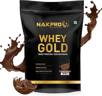 9. NAKPRO Gold Whey Protein Concentrate | 25.46g Protein, 5.57g BCAA | Muscle Gain, Strength, Muscle Recovery, Fast Absorbing Protein Supplement Powder (1 Kg, Chocolate)