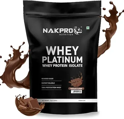 10. NAKPRO PLATINUM 100% Whey Protein Isolate | 28g Protein, 6.36g BCAA | Easy Mixing, Low Carbs, Easy Digesting Whey Protein Supplement Powder for Men, Women & Athletes (1 Kg, Chocolate)