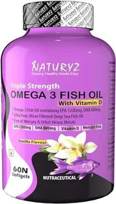 4. Naturyz Vanilla Flavoured Triple Strength 2500mg Fish Oil with Vitamin D3 | Highest Strength 2000 mg Omega 3 Per Serving (EPA 1200mg DHA 800mg) Deep Sea Fish Oil for Men & Women - 60 Capsules