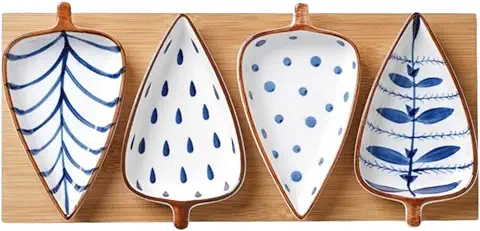 18. Nestasia Contemporary Leaf-Shaped Ceramic Blue and White Glossy Serving Platter with Wooden Board for Serving Sweets