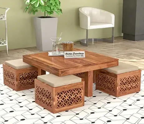 8. NISHA FURNITURE Solid Wooden Center Table with 4 Stool