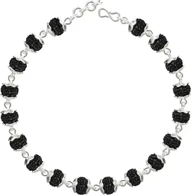 10. Njels TM 925 BIS Hallmarked Handmade Dual Wire Silver Rudraksha Bracelet with Extension Chain for Men & Boys (6.0 MM Natural Beads) (Black)