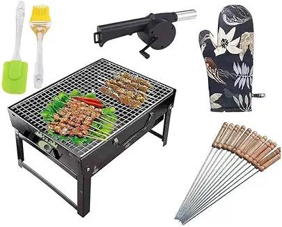 9. NMRAM Barbeque - Folding Portable Outdoor Barbeque Charcoal BBQ Grill Oven (1 BBQ, 12 Stick, 1 Air Blower,1 Gloves, 1 Spatula,1 Brush) Charcoal Grill, Barbeque Set for Garden & Outdoors