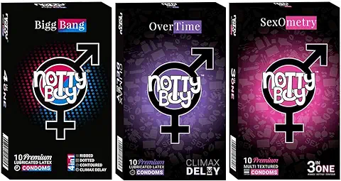 7. NOTTY BOY Combo Pack of Sensation - 4-In-1 (Ribbed, Dotted, Contoured and OverTime Delay), 3-In-One Multi Texture Condoms For Men | Long Lasting Pleasure