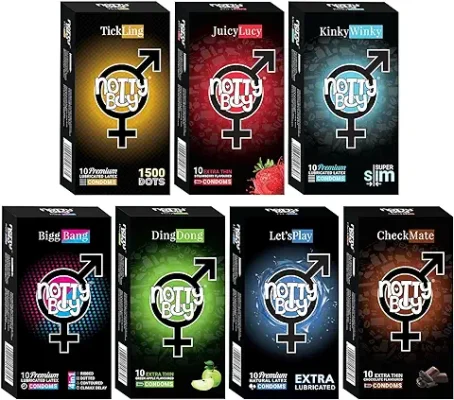 9. NOTTY BOY Condom Honeymoon Combo Set - Extra Lubricated, Thin, Extra Dotted, Ribbed, Extra Time, Strawberry, Chocolate and Green Apple Flavoured Condom - 70 Pieces