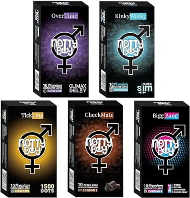 3. NOTTY BOY Honeymoon Combo Family Condom Pack - Ribbed, Extra Dotted, Over Time, Ultra Thin, Contoured Shape and Chocolate Flavoured Condoms For Men - 50 Pieces