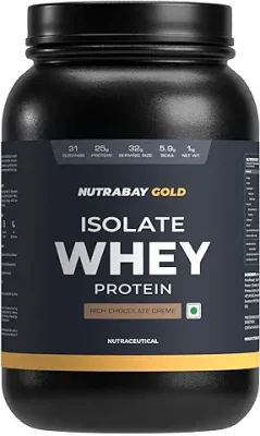 2. NUTRABAY Gold 100% Whey Protein Isolate with Digestive Enzymes - 25g Protein, 5.8g BCAA, 4.3g Glutamic Acid, Muscle Growth, Gym Supplement for Men & Women - 1Kg, Rich Chocolate Crème (33 Servings)