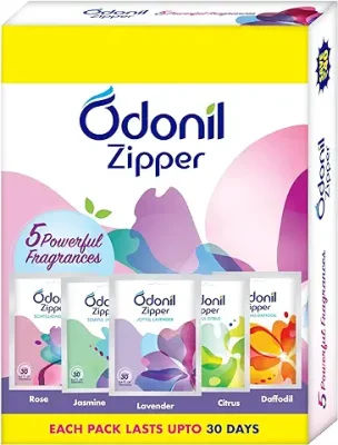 11. Odonil Bathroom Air Freshener Zipper Mix - 50g (10gx5) | Assorted Pack | Instant & Long Lasting Fragrance | Lasts upto 30 days | Germ Protection