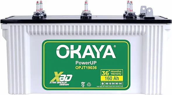 15. OKAYA PowerUP OPJT19036 160Ah Inverter Battery with All New XBD Technology and CBH Declaration for Home, Office & Shops | Longer Life & Extra Backup | Jumbo Tubular | 36 Months Total Warranty