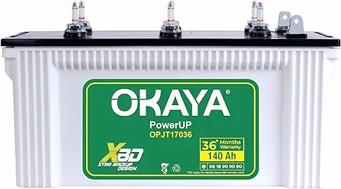 7. OKAYA PowerUP OPJT17036 140Ah Inverter Battery with All New XBD Technology and CBH Declaration for Home, Office & Shops | Longer Life & Extra Backup | Tall Tubular | 36 Months Total Warranty