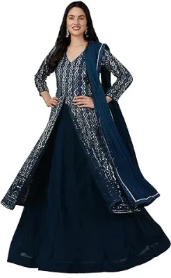 10. TRENDMALLS Women's Georgette Embroidery Anarklai Suit Set Kurta Lehenga with Dupatta Teal Blue Kurta Set for Women