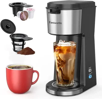 11. Famiworths Iced Coffee Maker, Hot and Cold Coffee Maker Single Serve for K Cup and Ground, with Descaling Reminder and Self Cleaning, Iced Coffee Machine for Home, Office and RV