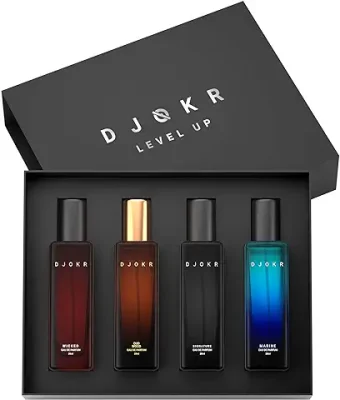 6. Djokr Perfume Gift Set for Men Pack of 4x20 ML | Eau De Parfum | Premium Luxury Long Lasting Fragrance Spray | Signature, Wicked, Oud Wood, Marine ( 4x20 ml)
