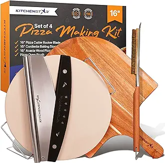 4. 16" Pizza Making Kit (Set of 4) - Cordierite Pizza Stone with SS Rack, Acacia Wood Pizza Peel, Stainless Steel Pizza Cutter Rocker w Protective Cover, Oven Metal Brush w Scraper