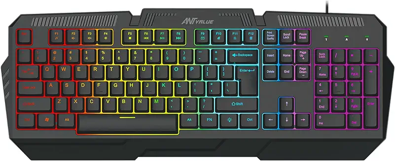 8. Ant Value GK1001 Wired Membrane Gaming Keyboard with Backlit 7-Color Rainbow LED, IPX4 Splashproof, Anti-Ghosting Keys, 104 Silent keys for PC & Laptop - Black