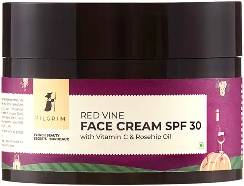 12. PILGRIM French Red Vine Face Cream with SPF 30 Sunscreen, Rosehip Oil & Vit C For Anti Ageing, Sun Protection PA+++, Daily Use, Dry, Oily, Combination Skin, Men & Women, 50g