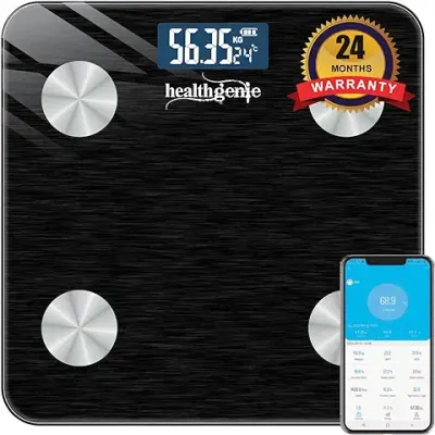 2. Healthgenie Smart Bmi Weight Machine For Body Weight With 18 Body Parameters Sync With Mobile App, 2 Yrs Warranty Bluetooth Weighing Machine Coal Black (Hb-411), 180 kg