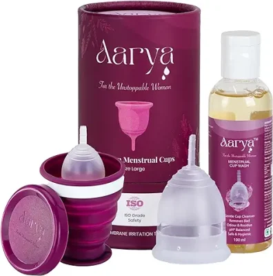 14. AARYA Premium Menstrual Cup for Women| Large Size |Purple Menstrual Cup Food Grade Silicone Sterilizer Container Microwaveable| With Cup Wash 100ml (Combo)