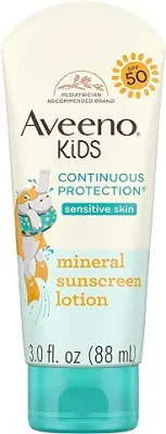 1. Aveeno Kids Continuous Protection Zinc Oxide Mineral Sunscreen Lotion for Children's Sensitive Skin with Broad Spectrum SPF 50, Tear-Free, Sweat- & Water-Resistant, Non-Greasy, 3 fl. oz