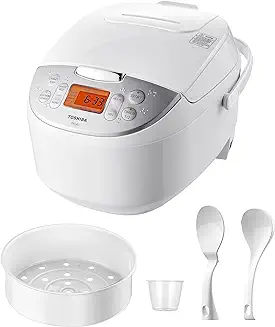 5. Toshiba Rice Cooker 6 Cup Uncooked - Japanese Rice Cooker with Fuzzy Logic Technology, 7 Cooking Functions, Digital Display, 2 Delay Timers and Auto Keep Warm, Non-Stick Inner Pot, White