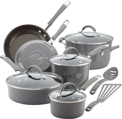 5. Rachael Ray - 16802 Rachael Ray Cucina Nonstick Cookware Pots and Pans Set, 12 Piece, Sea Salt Gray