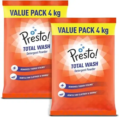 5. Amazon Brand - Presto! Total Wash Detergent Powder, Twin (4 Kg + 4Kg) Pack