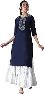 W for Woman Blue Solid Cotton Blend Kurta with Embroidery On Yoke