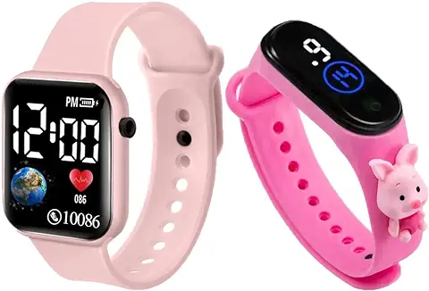 3. GOLDENIZE FASHION Stylish Waterproof Kids Digital Date and Time Black Pink Square Rectangular Display Watch for Kids Unisex Digital Watch for Baby Boys & Girls Kids | Pack of 2
