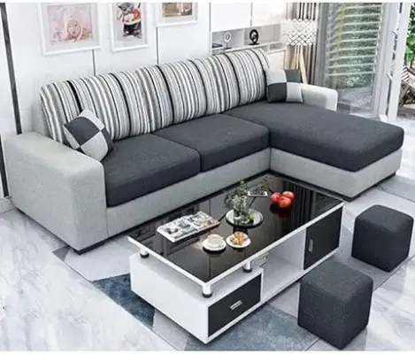 5. Sleepify Luno 4 Seater Fabric RHS L Shape Sofa Set with 2 Puffy (Dark Grey-Light Grey)