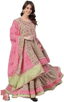 15. ishin Women's Pure Cotton Green Embroidered Anarkali Kurta suit set With Dupatta & Sharara