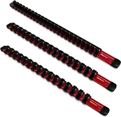 6. 3pc Set Socket Holder Rails |1/2-Inch, 3/8-Inch & 1/4-Inch Drive Aluminum Socket Organizer | Professional Quality Socket Holder Red | Olsa Tools Part 1009